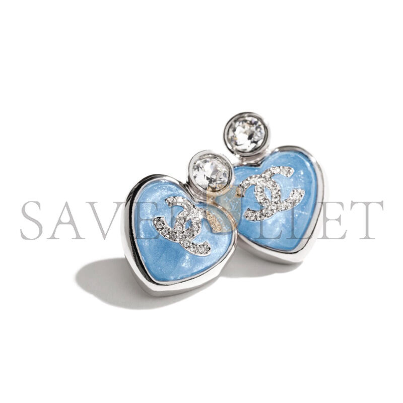 CHANEL BLUE CC LOGO HEART RHINESTONE EARRINGS ABE524